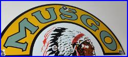 Vintage Musgo Gasoline Sign Gas Motor Oil Pump American Indian Porcelain Sign