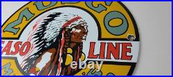 Vintage Musgo Gasoline Sign Gas Motor Oil Pump American Indian Porcelain Sign