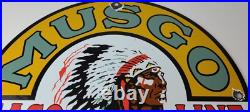 Vintage Musgo Gasoline Sign Gas Motor Oil Pump American Indian Porcelain Sign