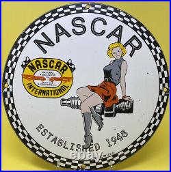 Vintage Nascar Porcelain Raceway Porcelain Sign Gas Motor Oil Pin Up Pump Plate