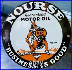 Vintage Nourse Motor Oil Business Is Good Porcelain Sign, Independent Oil, 1922