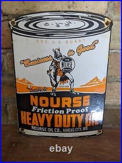 Vintage Nourse Motor Oil Can Porcelain Gas Station Pump Sign 11 X 8