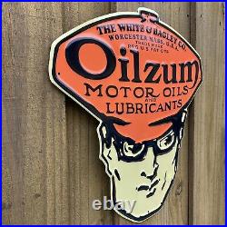 Vintage Oilzum Embossed Metal Sign Porcelain USA Motor Oil Gas Mans Head Service