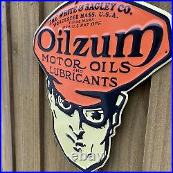 Vintage Oilzum Embossed Metal Sign Porcelain USA Motor Oil Gas Mans Head Service