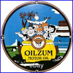 Vintage Oilzum Motor Oil Porcelain Sign Metal Gas White & Bagley USA Flintstones