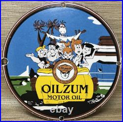 Vintage Oilzum Motor Oil Porcelain Sign Metal Gas White & Bagley USA Flintstones