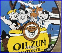 Vintage Oilzum Motor Oil Porcelain Sign Metal Gas White & Bagley USA Flintstones