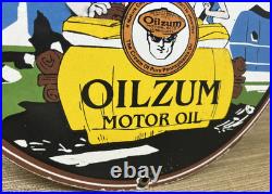 Vintage Oilzum Motor Oil Porcelain Sign Metal Gas White & Bagley USA Flintstones