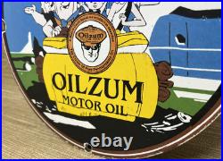 Vintage Oilzum Motor Oil Porcelain Sign Metal Gas White & Bagley USA Flintstones