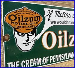 Vintage Oilzum Motor Oil Porcelain Sign Metal White & Bagley USA Gas Station Vintage Oilzum Motor Oil Porcelain Sign Metal White & Bagley USA Gas Station