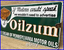 Vintage Oilzum Motor Oil Porcelain Sign Metal White & Bagley USA Gas Station Vintage Oilzum Motor Oil Porcelain Sign Metal White & Bagley USA Gas Station