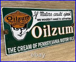 Vintage Oilzum Motor Oil Porcelain Sign Metal White & Bagley USA Gas Station Vintage Oilzum Motor Oil Porcelain Sign Metal White & Bagley USA Gas Station