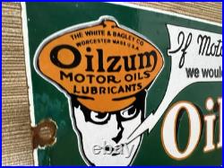 Vintage Oilzum Motor Oil Porcelain Sign Metal White & Bagley USA Gas Station Vintage Oilzum Motor Oil Porcelain Sign Metal White & Bagley USA Gas Station