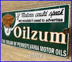 Vintage Oilzum Motor Oil Porcelain Sign Metal White & Bagley USA Gas Station Vintage Oilzum Motor Oil Porcelain Sign Metal White & Bagley USA Gas Station