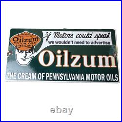 Vintage Oilzum Motor Oils Sign Gasoline Lubrication Porcelain Gas Pump Sign