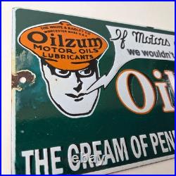 Vintage Oilzum Motor Oils Sign Gasoline Lubrication Porcelain Gas Pump Sign