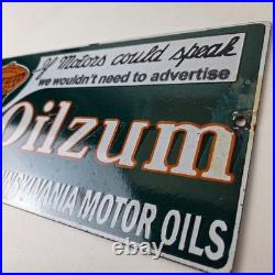 Vintage Oilzum Motor Oils Sign Gasoline Lubrication Porcelain Gas Pump Sign