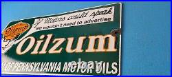 Vintage Oilzum Motor Oils Sign Gasoline Lubrication Porcelain Gas Pump Sign