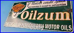 Vintage Oilzum Motor Oils Sign Gasoline Lubrication Porcelain Gas Pump Sign