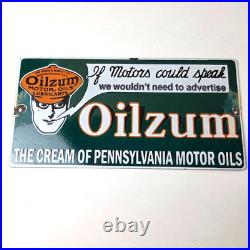 Vintage Oilzum Motor Oils Sign Gasoline Lubrication Porcelain Gas Pump Sign