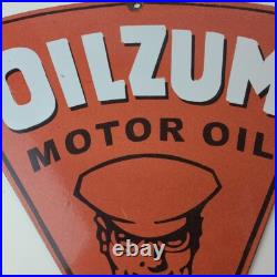 Vintage Oilzum Motor Oils Sign Porcelain Gas Pump Orange Triangle Sign