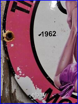Vintage Oilzum Porcelain Sign 1962 Motor Oil Gas Station Service Pump Plate Girl