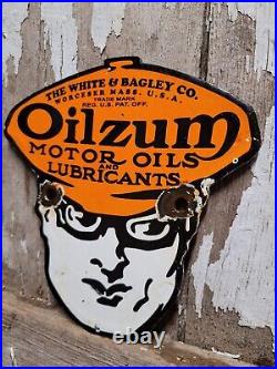 Vintage Oilzum Porcelain Sign Diecut Motor Oil Advertising Gas Station Plaque