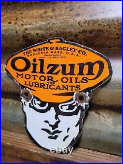 Vintage Oilzum Porcelain Sign Diecut Motor Oil Advertising Gas Station Plaque