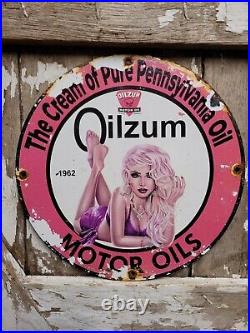 Vintage Oilzum Porcelain Sign Motor Oil Gas Station Service Pump Plate Girl 12
