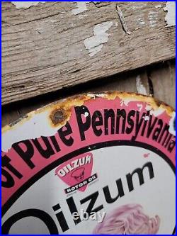 Vintage Oilzum Porcelain Sign Motor Oil Gas Station Service Pump Plate Girl 12