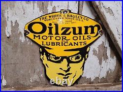 Vintage Oilzum Porcelain Sign White & Bagley Lubricants Gas Motor Oil Man Diecut