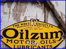 Vintage Oilzum Porcelain Sign White & Bagley Lubricants Gas Motor Oil Man Diecut