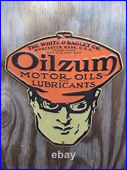 Vintage Oilzum Sign Gas Man Motor Oil Sales Service Lube Garage Repair Embossed