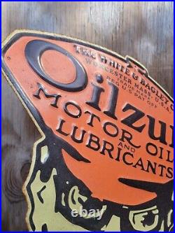 Vintage Oilzum Sign Gas Man Motor Oil Sales Service Lube Garage Repair Embossed