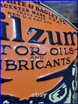 Vintage Oilzum Sign Old Embossed Metal Gas Motor Oil Garage Advertising Diecut