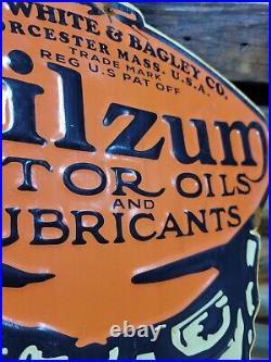 Vintage Oilzum Sign Old Embossed Metal Gas Motor Oil Garage Advertising Diecut