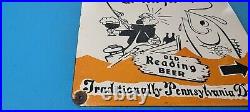 Vintage Old Reading Beer Porcelain Big Fish Gas Motor Oil Pump Service Sign