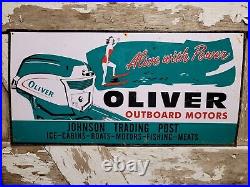 Vintage Oliver Sign Johnson Outpost Store Tin Tacker Boat Outboard Motor Oil Gas