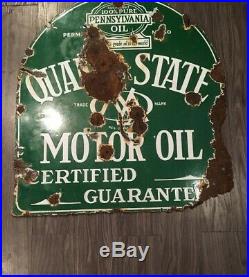 Vintage Original 1930s-40s Quaker State Motor Oil Porcelain Sign Tombstone