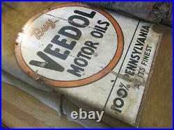 Vintage Original Pre War Veedol Motor Oil Porcelain Double Side Advertising Sign