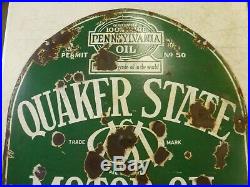 Vintage Original Quaker State Motor Oil Porcelain Sign DSP Tombstone