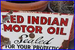 Vintage Original Red Indian Motor Oil Porcelain Sign Double Sided Advertising