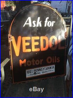 Vintage Original VEEDOL Motor Oil Sign, Double-sided, Tombstone! Rare