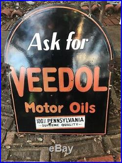 Vintage Original VEEDOL Motor Oil Sign, Double-sided, Tombstone! Rare