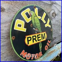 Vintage POLLY Porcelain Sign PREM Motor Oil Gas Premium Garage Station Bird 12