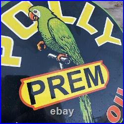 Vintage POLLY Porcelain Sign PREM Motor Oil Gas Premium Garage Station Bird 12