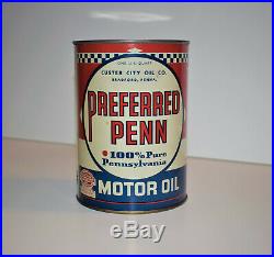 Vintage PREFERRED PENN Pennsylvania Motor Oil 1Qt Can Auto Gas UNOPENED EMPTY