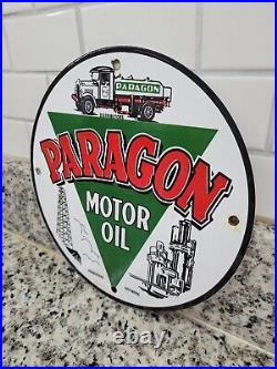 Vintage Paragon Porcelain Sign Motor Oil Producing Refinery Trucking Advertising