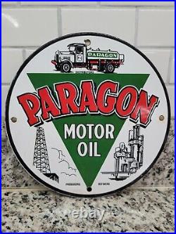 Vintage Paragon Porcelain Sign Motor Oil Producing Refinery Trucking Advertising