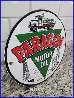 Vintage Paragon Porcelain Sign Motor Oil Producing Refinery Trucking Advertising